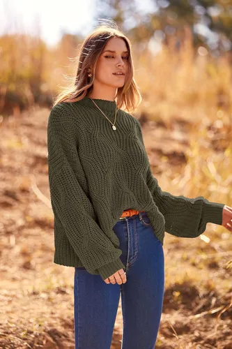 Vista 5 de PRETTYGARDEN Suéteres de otoño de gran tamaño para mujer, estilo casual, cuello redondo, manga larga, tejido trenzado grueso, blusa