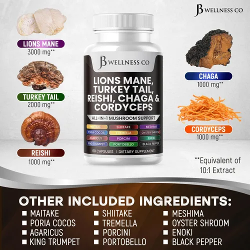 Vista 7 de JB Wellness Co Suplemento de melena de león, apoyo cognitivo, salud inmunológica con cola de pavo 20 en 1, hongo Reishi Cordyceps Chaga con raíz