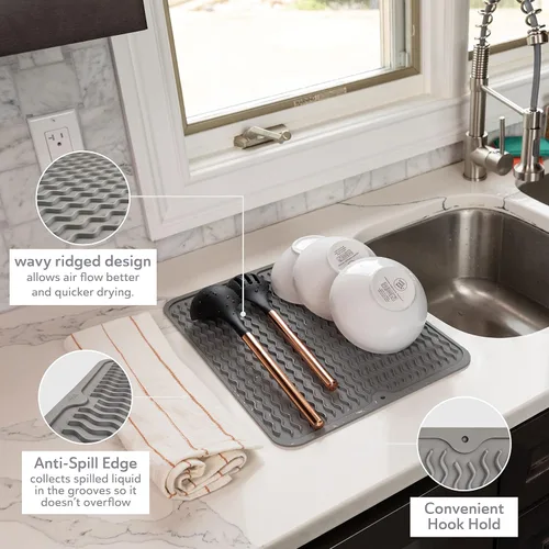 Vista 5 de Oizeir Tapete de silicona para secar platos, agujero de drenaje, antideslizante, resistente al calor, plegable. Ideal para platos, fregadero de Gris