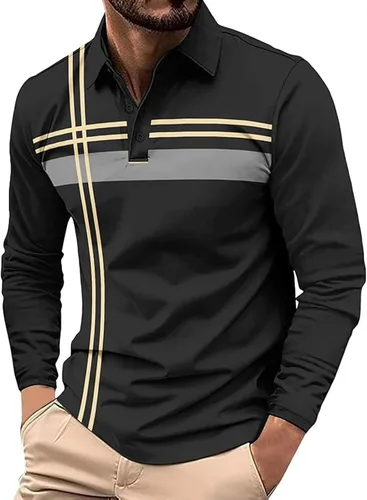 Vista 5 de Polo para hombre, manga larga, ajustado, a rayas, con cuello, talla grande, para golf y otoño