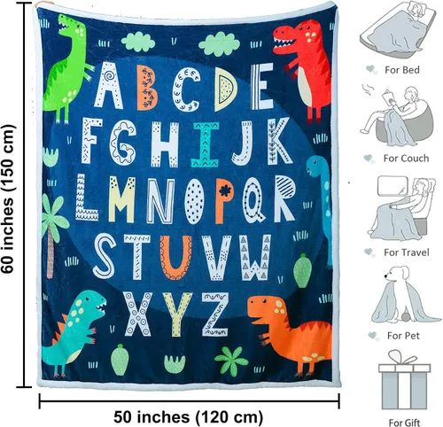 Vista 4 de Manta ABC del alfabeto para niños pequeños, manta suave de dinosaurio azul para niños, regalos ABC para niños (dinosaurios, 50 x 60 pulgadas)