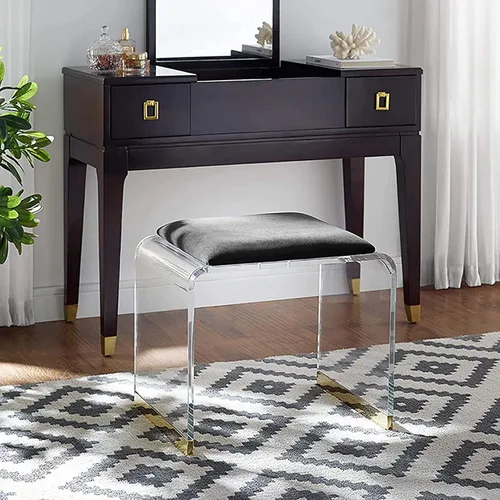 Vista 4 de QQXX Taburete de acrílico con asiento acolchado de terciopelo, mesita de noche de acrílico transparente, mesa auxiliar cuadrada, taburete moderno