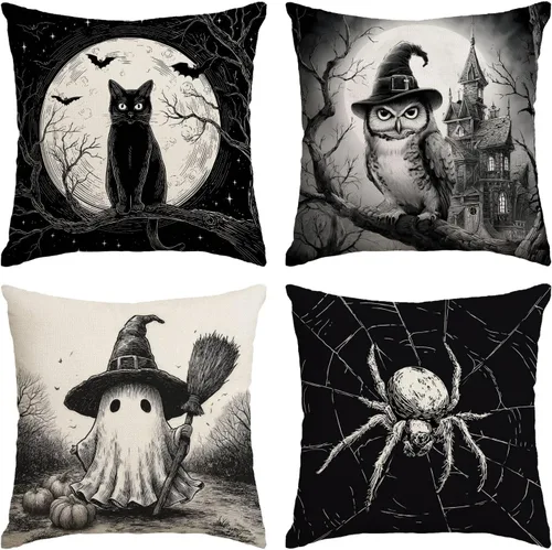 Vista 11 de Fundas de almohada de Halloween de 12 x 12 pulgadas, juego de 4 fundas de almohada decorativas con diseño de truco o trato, fundas de almohada