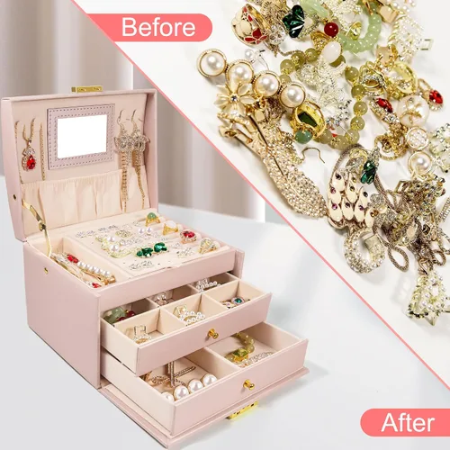 Vista 6 de Aioguisn Joyeros para niñas y mujeres, cajas de joyería de cuero de 3 capas y organizadores para niñas, joyero de viaje con espejo y cerradura