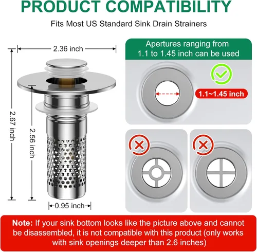 Vista 7 de Colador de Drenaje para Lavabo de Baño, Tapón Emergente Universal para Lavabo Recogedor de Pelo, Cesta de Filtro de Drenaje de Acero Inoxidable