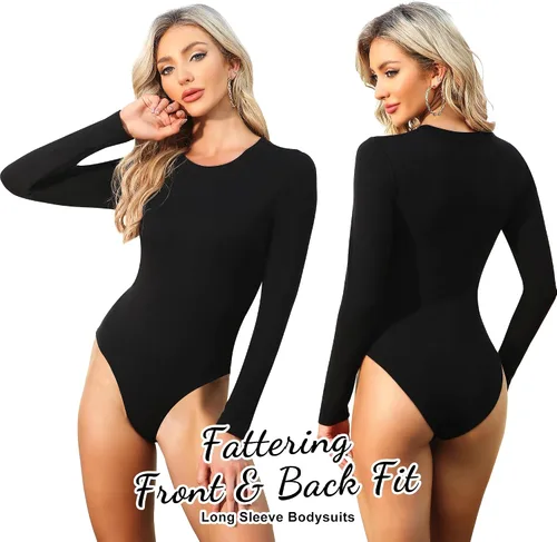 Vista 2 de CE' CERDR Paquete de 4/5 Bodies de Manga Larga para Mujer Cuello Redondo Casual Elástico Camisetas Básicas Cuello Redondo Body Suits Tops