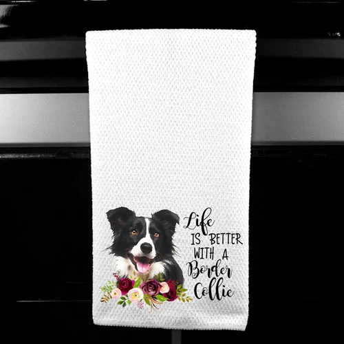 Vista 2 de Life is Better with a Border Collie Waffle Weave Microfiber Kitchen Towel Gift for Dog Lover