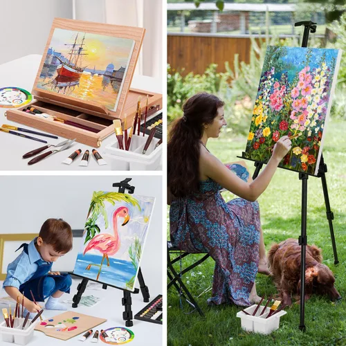 Vista 7 de Juego de 149 piezas de pintura de artista de lujo con caballete de aluminio y madera de haya, 48 colores de pinturas acrílicas y al óleo, pinturas