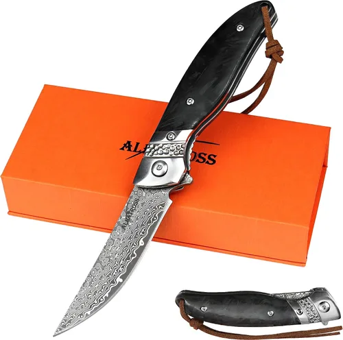 Vista 9 de Albatross Cuchillo de Bolsillo Premium de Damasco - Cuchillo Plegable EDC con Mango de Concha de Abalone, Apertura con Rodamientos de Bola, Sistema