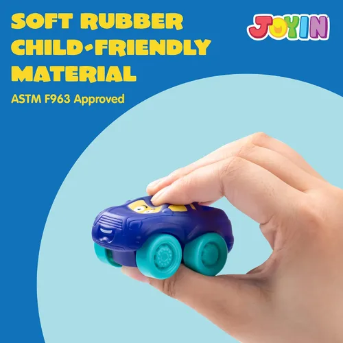Vista 7 de JOYIN Juego de 18 autos de tracción hacia atrás y 18 piezas de juguete de goma suave, mini vehículos de juguete, auto para niños pequeños, recuerdos
