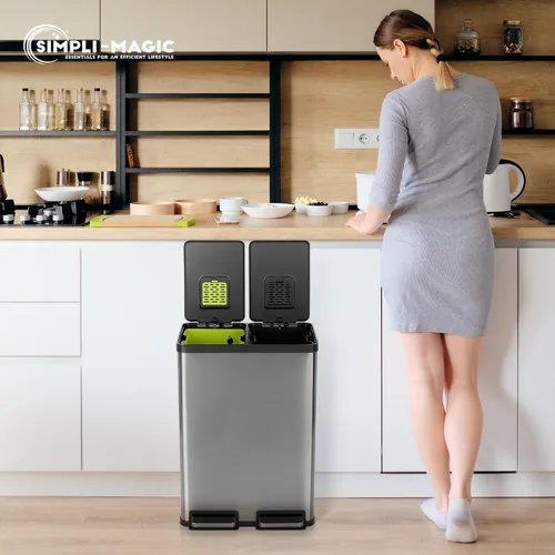 Vista 9 de SIMPLI-Magic Elegante bote de basura negro con pedal de 16 galones (60 litros), cubo de basura de cocina de doble compartimento con contenedores