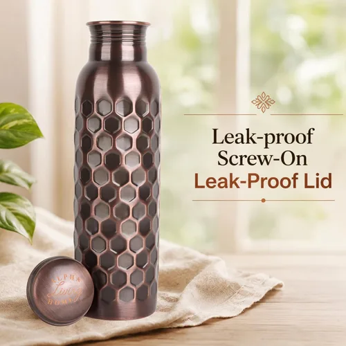 Vista 7 de Alpha Living Home Pure Copper Water Bottle Set of 3 - Handcrafted Drinking Bottles with Hammered, Diamond & Honeycomb Design - Leak Proof Wide Mouth