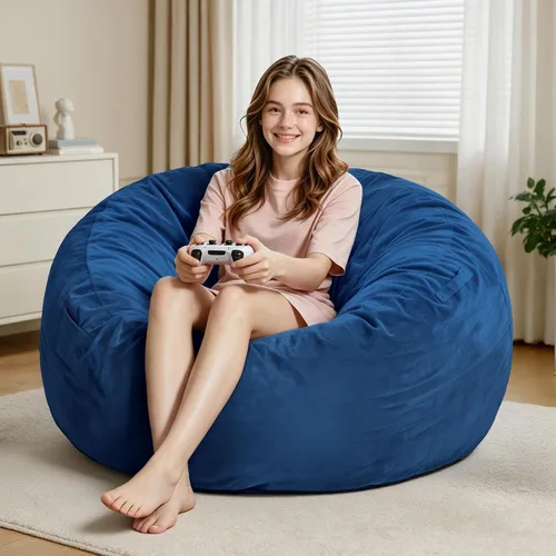 Vista 6 de Homguava Silla de Puf de 3 pies: Pufs de 3' con espuma viscoelástica, sillas de puf grandes y suaves con sofá de terciopelo holandés - Azul