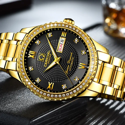 Vista 5 de CARNIVAL Mens Dial Automatic Full Gold Stainless Steel Sapphire Glass Waterproof Men Black Watch