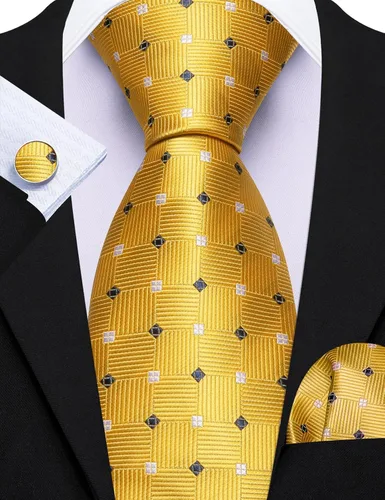 Vista 186 de Barry.Wang Juego de corbatas a cuadros para hombre con pañuelo gemelos de rayas clásicas