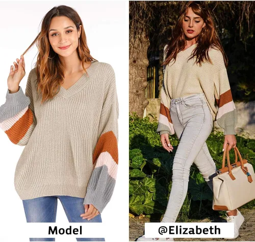 Vista 5 de EXLURA V Neck Long Lantern Sleeve Sweater Color Block Chunky Pullover Oversized Jumper