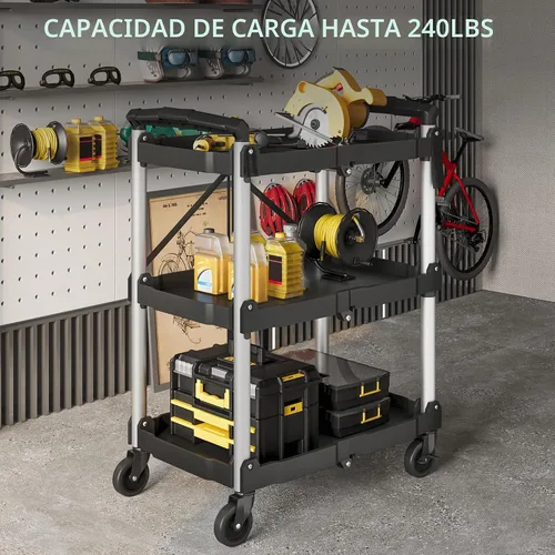 Vista 4 de YITAHOME - Carrito utilitario plegable de 3 niveles con ruedas (2 frenos), 240 libras