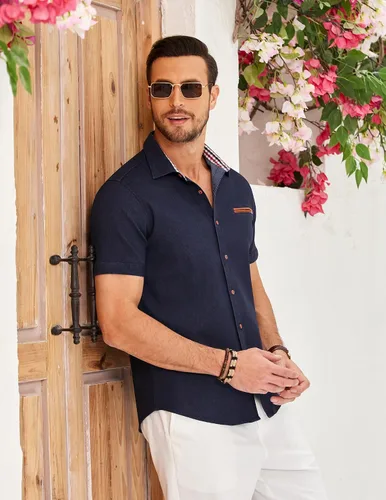 Vista 4 de COOFANDY Camisa de vestir casual de manga corta con botones para hombre