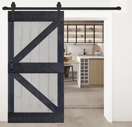 Vista 15 de Serie K - Puerta corrediza de granero de madera maciza con acabado marrón/nogal de 38 x 84 pulgadas con kit de herrajes (requiere montaje)