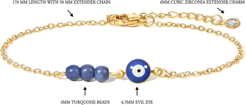 Vista 2 de Pulseras contra el mal de ojo para mujer, acero inoxidable de oro de 14 quilates, pulsera de cuentas de turquesa, pulsera de cadena delicada, regalo