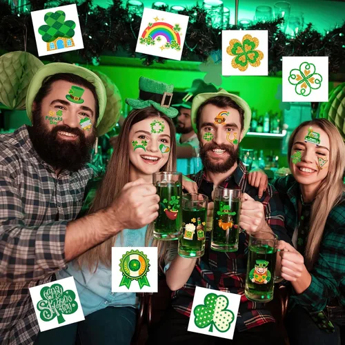 Vista 7 de HOWAF 96 tatuajes temporales del día de San Patricio, calcomanías de tatuaje de trébol con purpurina para decoraciones de fiesta irlandesa, tatuajes