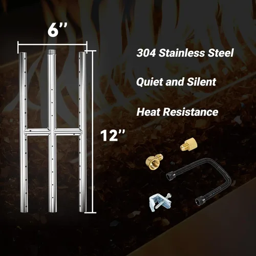 Vista 2 de Skyflame Quemador H Rectangular de 12" x 6" para Hoguera de Gas y Chimenea con 3 Tubos - Acero Inoxidable 304 - para Uso Interior y Exterior