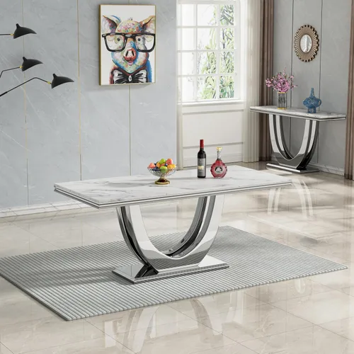 Vista 9 de Mesa de comedor blanca de 68 pulgadas para 4-6, mesa de cocina rectangular moderna con mesa de mármol sintético y base de acero inoxidable plateado