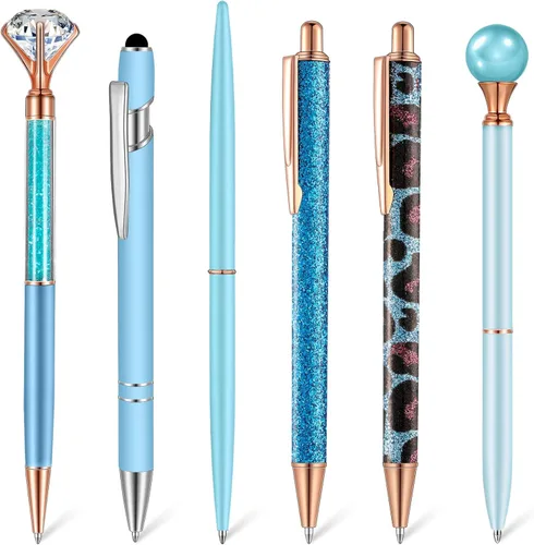 Vista 13 de Qeeenar Juego de 6 bolígrafos de bola de metal con cristales de diamante para diario, bonitos y brillantes, elegantes artículos de papelería, tinta