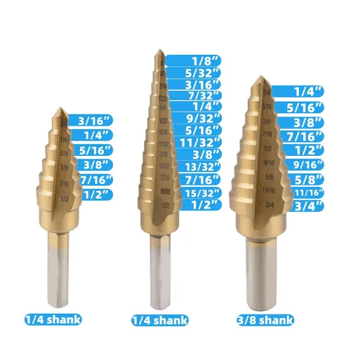 Vista 3 de Juego de 3 brocas de acero de alta velocidad para metal, con revestimiento de titanio, para taladrar agujeros en láminas de metal, madera, PVC