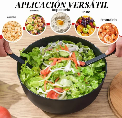 Vista 3 de GEHE - Juego de ensaladera de fibra de bambú con utensilios para servir - Grande de 9.8 pulgadas, recipientes para mezclar de bambú sólido Negro