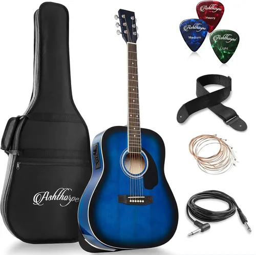 Vista 12 de Ashthorpe Paquete de guitarra acústico-eléctrica Dreadnought de tamaño completo - Maderas tonales premium - Negro