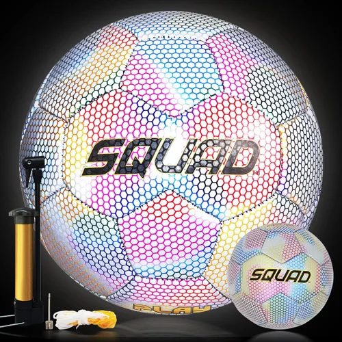 Vista 10 de SQUAD Balón de fútbol holográfico reflectante tamaño 5 – Pelota reflectante brillante para juegos nocturnos y entrenamiento – Cuero sintético