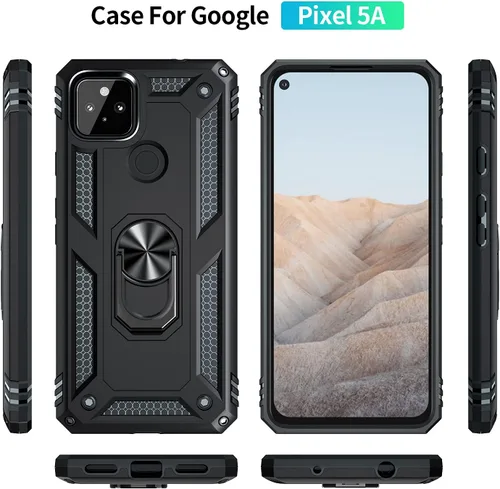 Vista 5 de Androgate Funda diseñada para Google Pixel 5A con protectores de pantalla HD, soporte de anillo de metal de grado militar, prueba de caídas de 15