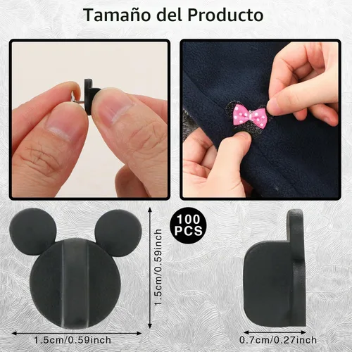 Vista 2 de 100 piezas de orejas de ratón de goma de PVC, parte trasera de alfiler para abrigos, tachuelas de cabeza de ratón, parte trasera de solapa, soporte