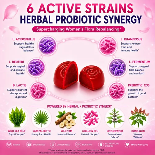 Vista 4 de Flora - Probióticos vaginales para mujeres, gomitas de equilibrio de pH con prebióticos, 8 mil millones de probióticos, 5 extractos de palma enana