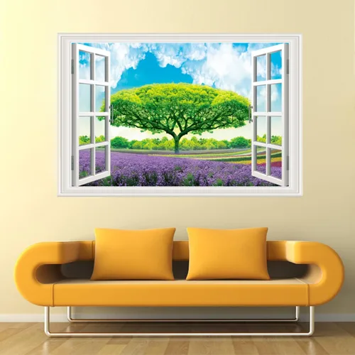 Vista 5 de Pintura autoadhesiva 3D, calcomanías de pared falsas para ventana, isla tropical con palmeras, mural de pared, vista de ventana, decoración de pared