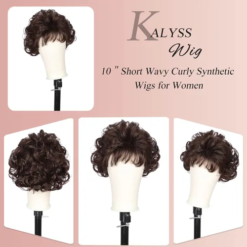 Vista 8 de Kalyss Peluca Corta Rizada Ondulada de 10" con Flequillo de Cabello Sintético Premium Resistente al Calor Pelucas Cortas con Aspecto de los Años 70