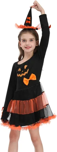 Vista 4 de LTAKK Pumpkin Dress Girl Kawaii Pumpkin Theme Costumes Kids for Halloween with Pumpkin Headband