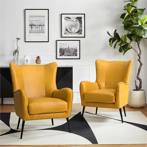 Vista 12 de HULALA HOME Silla decorativa de piel sintética con cojín extraíble, cómodo sillón tapizado con patas de metal negro y ribete de cabeza de clavo