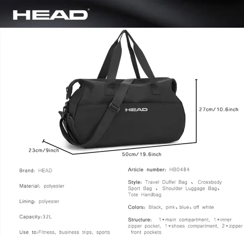 Vista 4 de HEAD Bolsa de deporte para mujer, bolsa de viaje impermeable de 32 litros con compartimento separado para zapatos, 4 formas de llevar, bolsa