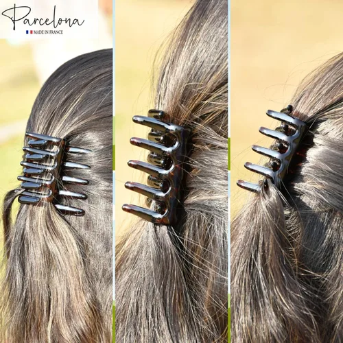 Vista 7 de Parcelona Cangrejo francés entrelazado marrón mediano 2 1/4 pulgadas celuloide antideslizante coleta clips flexibles resistentes pinzas para el pelo