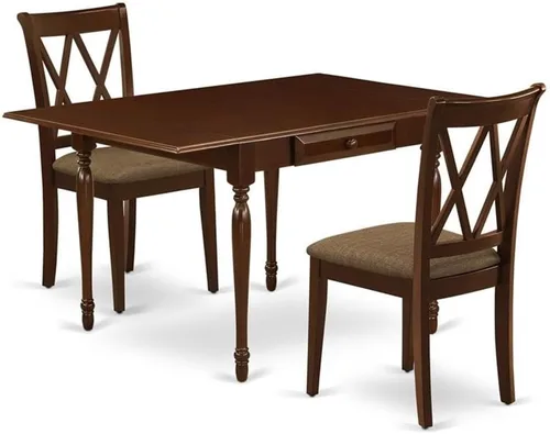 Vista 11 de East West Furniture MZCL3-LWH-C - Juego de mesa de comedor moderno de 3 piezas que contiene una mesa rectangular de madera con gotas y 2 sillas