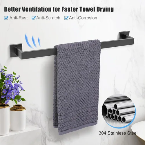 Vista 2 de TURS Juego de accesorios de baño negro de 4 piezas, incluye toallero de 24 pulgadas, soporte para toallas de mano, gancho para toallas, soporte