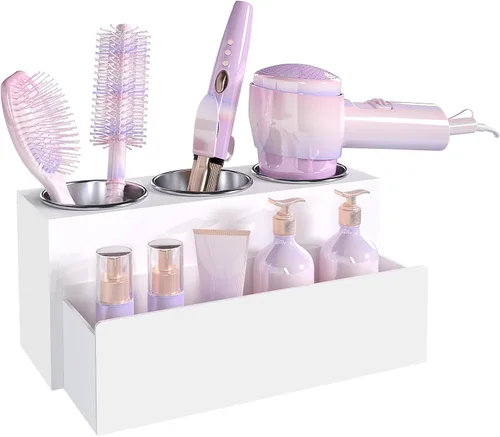 Vista 7 de Organizador de Herramientas para el Cabello, Organizador de Herramientas de Peinado de Cabello Caliente de Acrílico con 3 Compartimentos, Soporte
