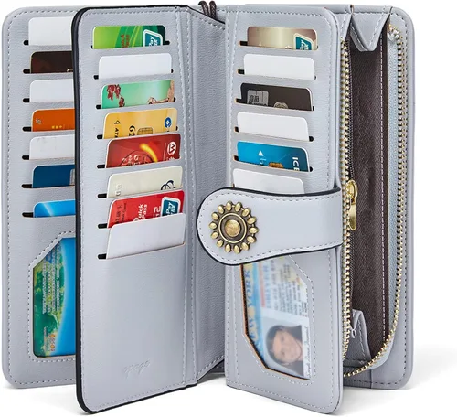 Vista 8 de OPAGE Cartera de cuero de gran capacidad para mujer con bloqueo RFID y cremallera alrededor