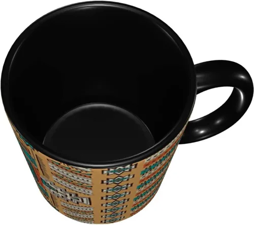 Vista 5 de Taza de café grande de cerámica, taza única tribal, patrón de tribu secreta azteca india, bohemio, 11 onzas, para oficina y hogar, naranja y verde