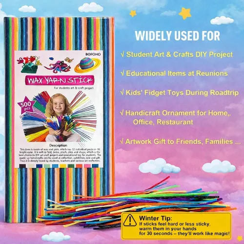 Vista 5 de 500 varillas Wiky para niños – Varillas de hilo de cera sensorial sin desorden para niños pequeños, juguetes de viaje para viajes por carretera