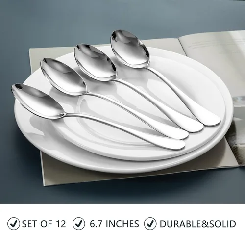 Vista 2 de SANTUO Juego de cucharas de acero inoxidable, 12 cucharas de 6.7 pulgadas, cubiertos de cubiertos, cucharas de postre, acabado espejo y apto