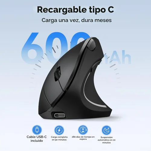 Vista 4 de TECKNET Ratón Ergonómico, Ratones Verticales Recargables 2.4G+Bluetooth 6 DPI Ajustables, Ratón Óptico Inalámbrico para Túnel Carpiano Mano Derecha