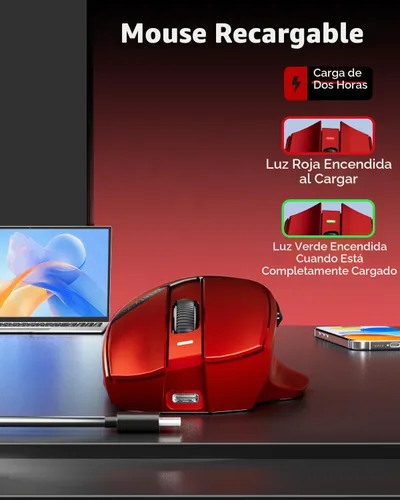 Vista 5 de Uciefy Ratón inalámbrico Bluetooth Z07, ratón recargable para ordenador Rojo